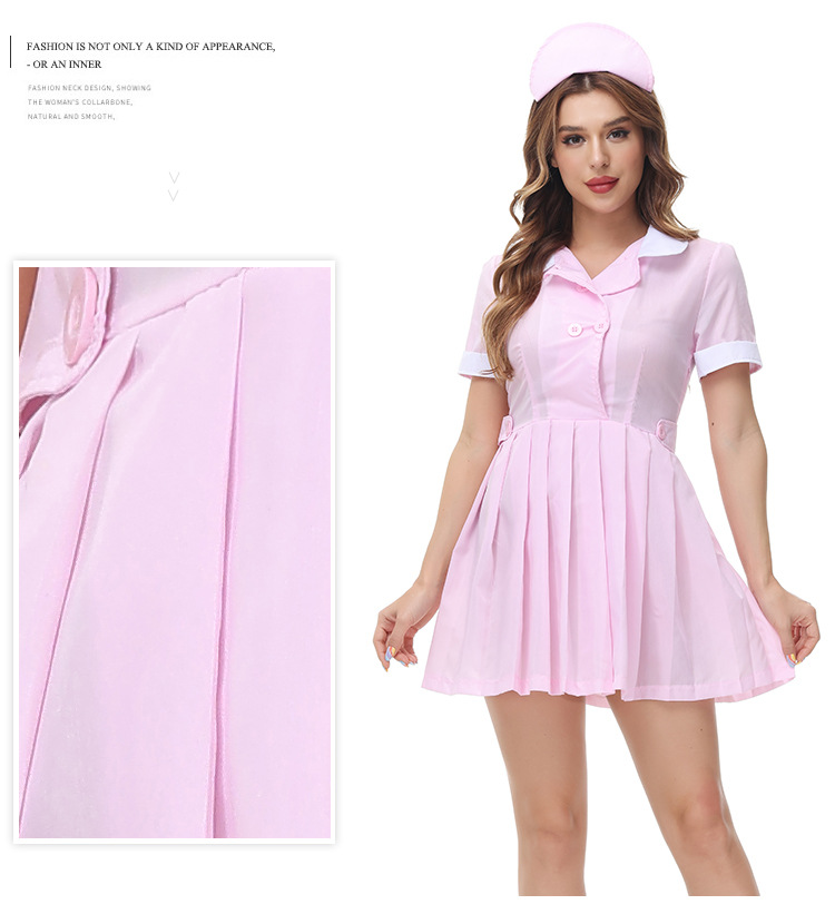 Womens Short Sleeve High Waist Pleated Mini Dress Sexy Nurse Uniform